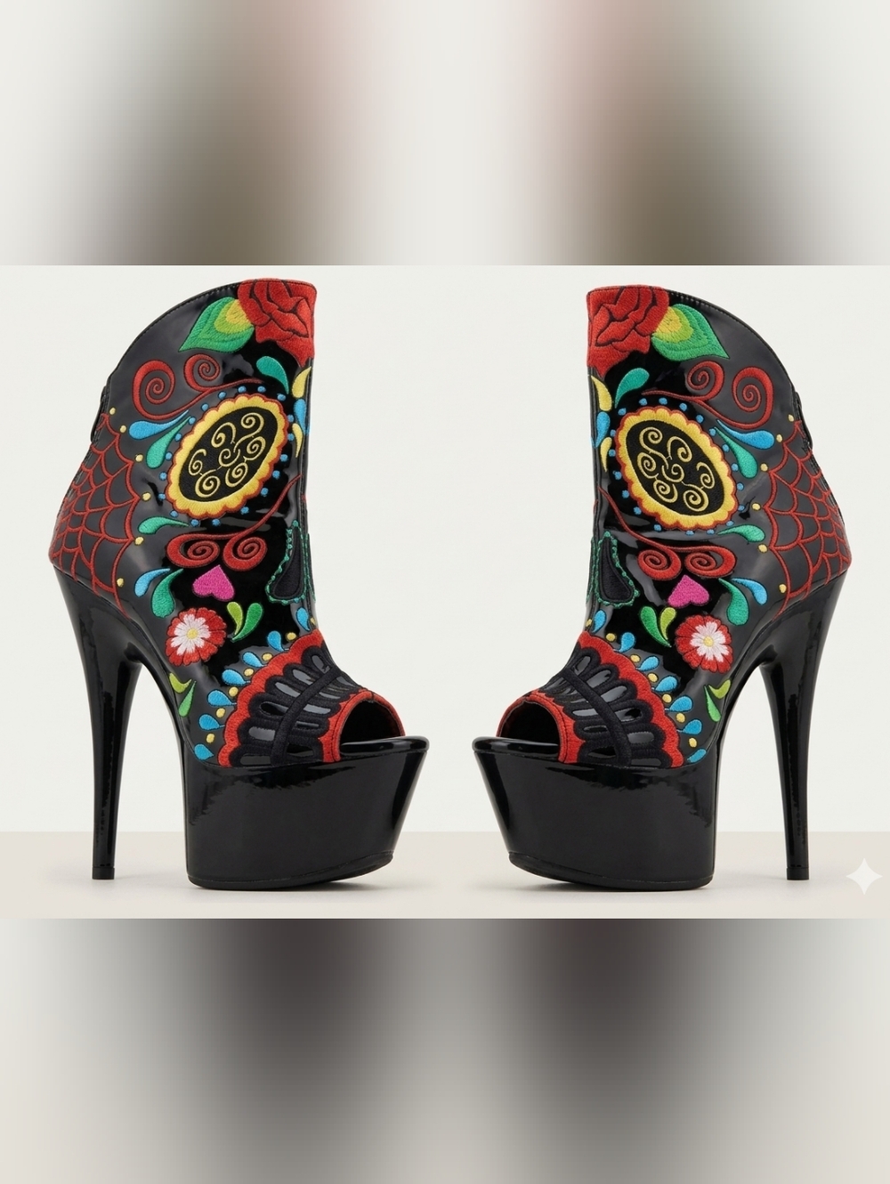 Rare Ellie "Day of the Dead" Embroidered Platform Stiletto Booties Size 6